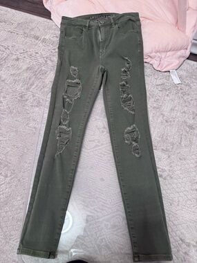 American Eagle Outfitters Olive Green Ripped Skinny Jeans